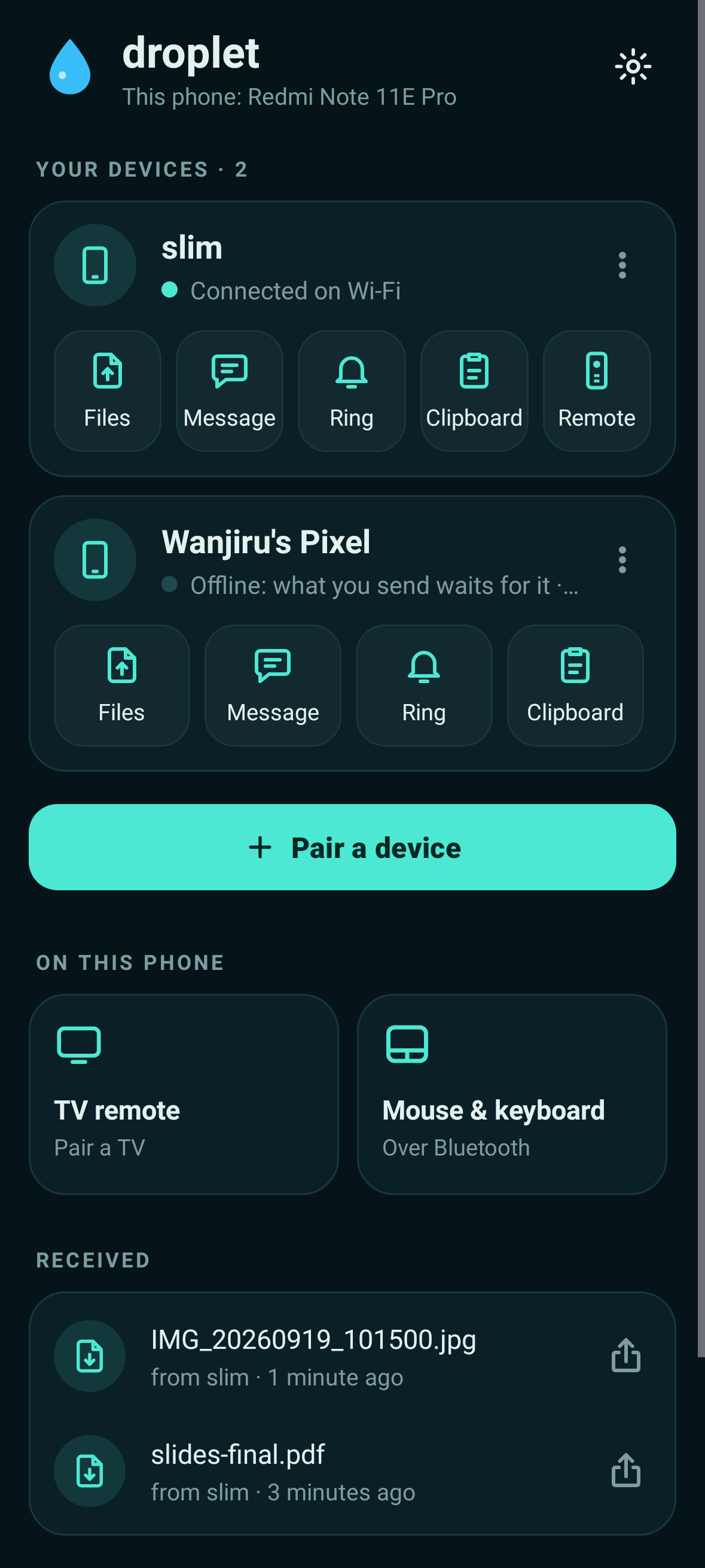 The home screen listing paired devices, each with buttons for files, message, ring, clipboard and remote.