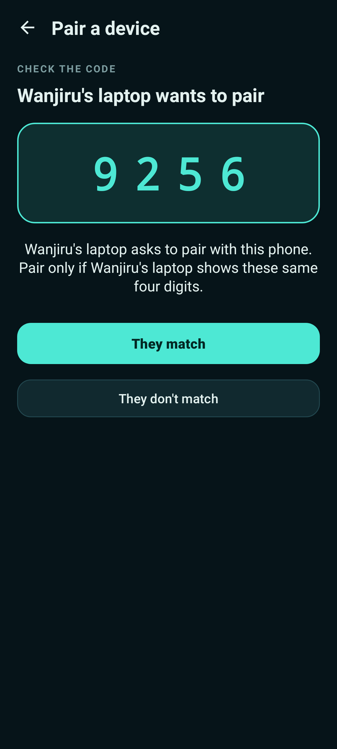 The pairing screen showing four large digits and the buttons They match and They don't match.